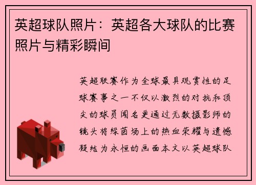 英超球队照片：英超各大球队的比赛照片与精彩瞬间