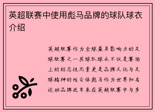 英超联赛中使用彪马品牌的球队球衣介绍
