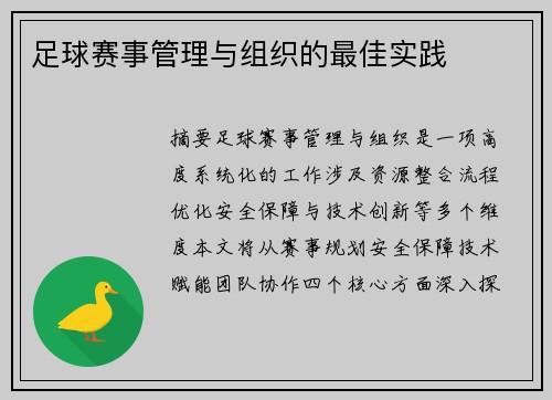 足球赛事管理与组织的最佳实践