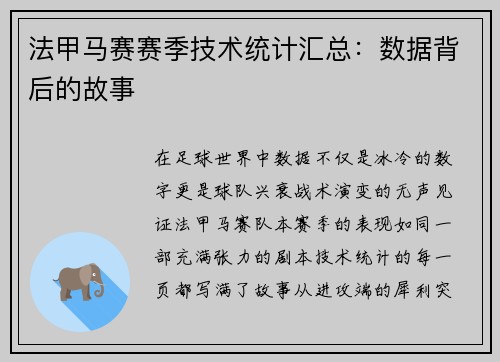 法甲马赛赛季技术统计汇总：数据背后的故事